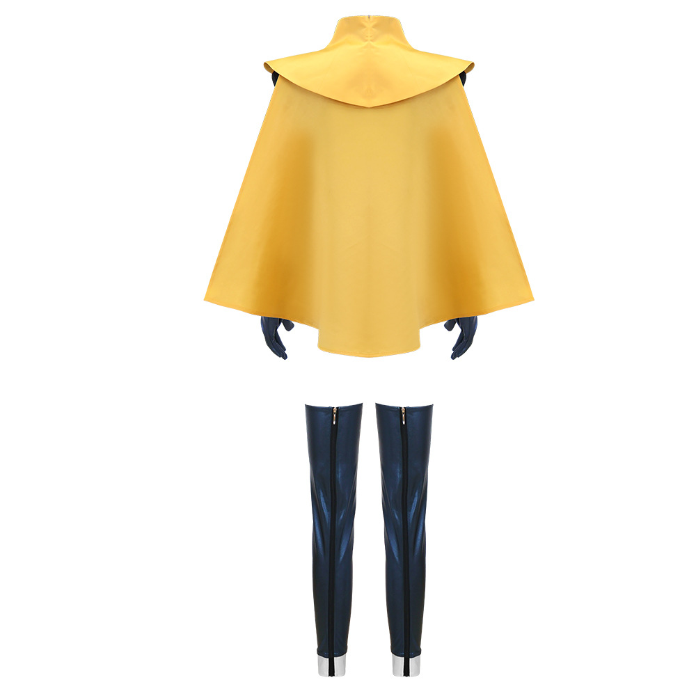Back view of yellow cape and blue high-cut costume bodysuit