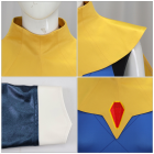 Blue and yellow costume collar, shoulder and leg-cover construction details