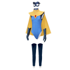 Blue bodysuit costume with yellow cape and costume pieces, front view