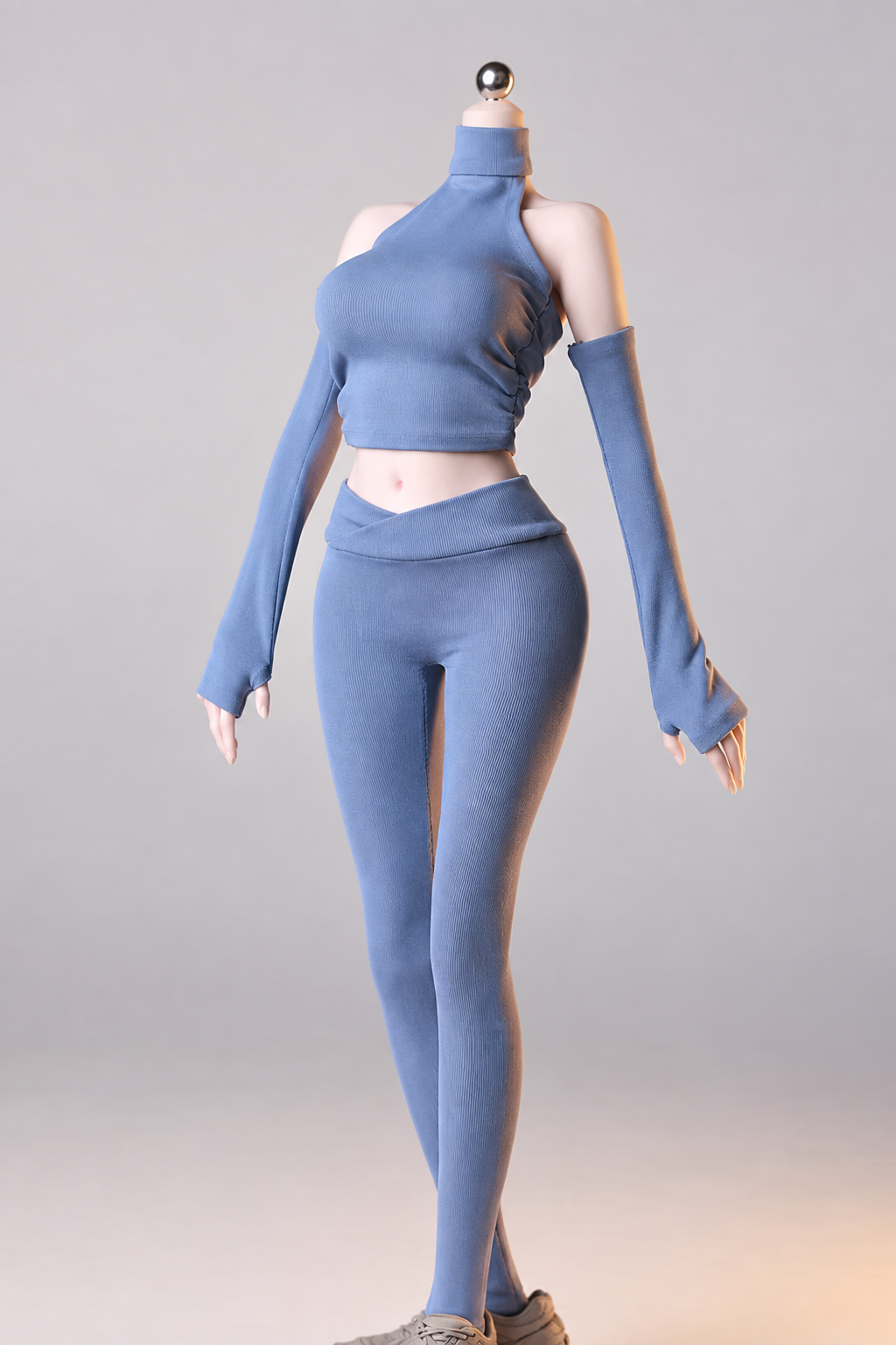 ACG-53 blue D miniature yoga top separate sleeves and leggings on display body, body excluded