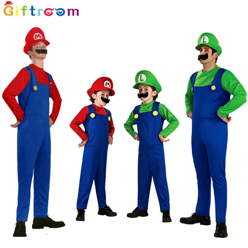 Adult and child red Mario and green Luigi costume garments