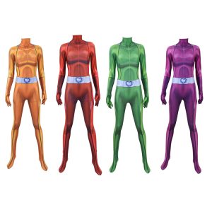 Four spy-agent jumpsuit colors: orange, red, green and purple