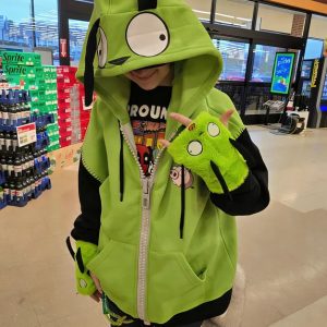 GIR green dog-ear zip-front hoodie with black sleeves, worn with separately styled gloves and trousers