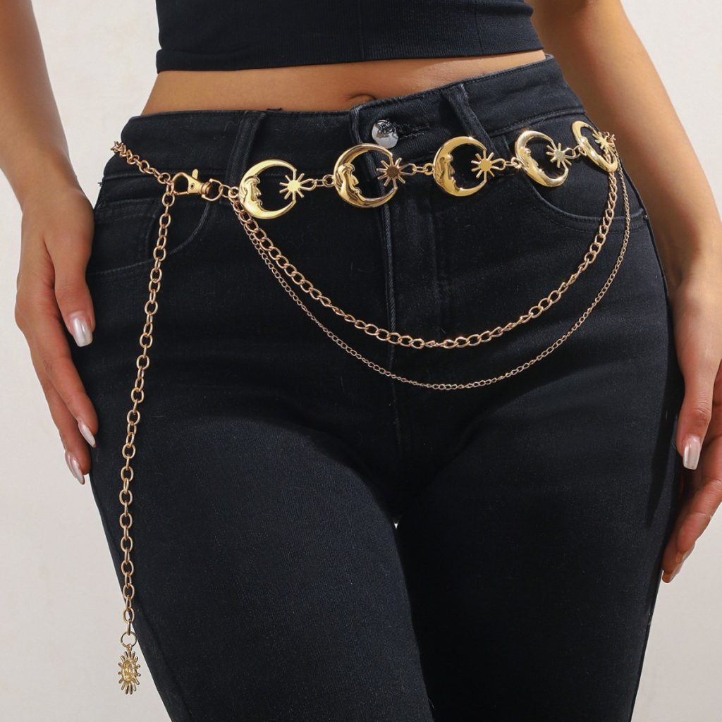 Crescent Moon and Sun Waist Chain — Gold-colored multilayer