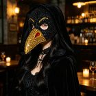 Black and gold beaked mask styled with a hood