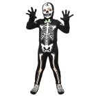 Child wearing black skeleton costume with white bones, skull face covering and bright green bow
