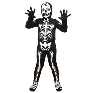 Child wearing black skeleton costume with white bones, skull face covering and bright green bow