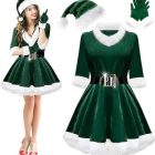 Dark green Christmas dress with white trim, matching hat, gloves and belt