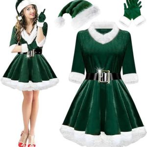 Dark green Christmas dress with white trim, matching hat, gloves and belt