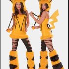 Yellow Pikachu-inspired ear-hood costume shown from the front and side