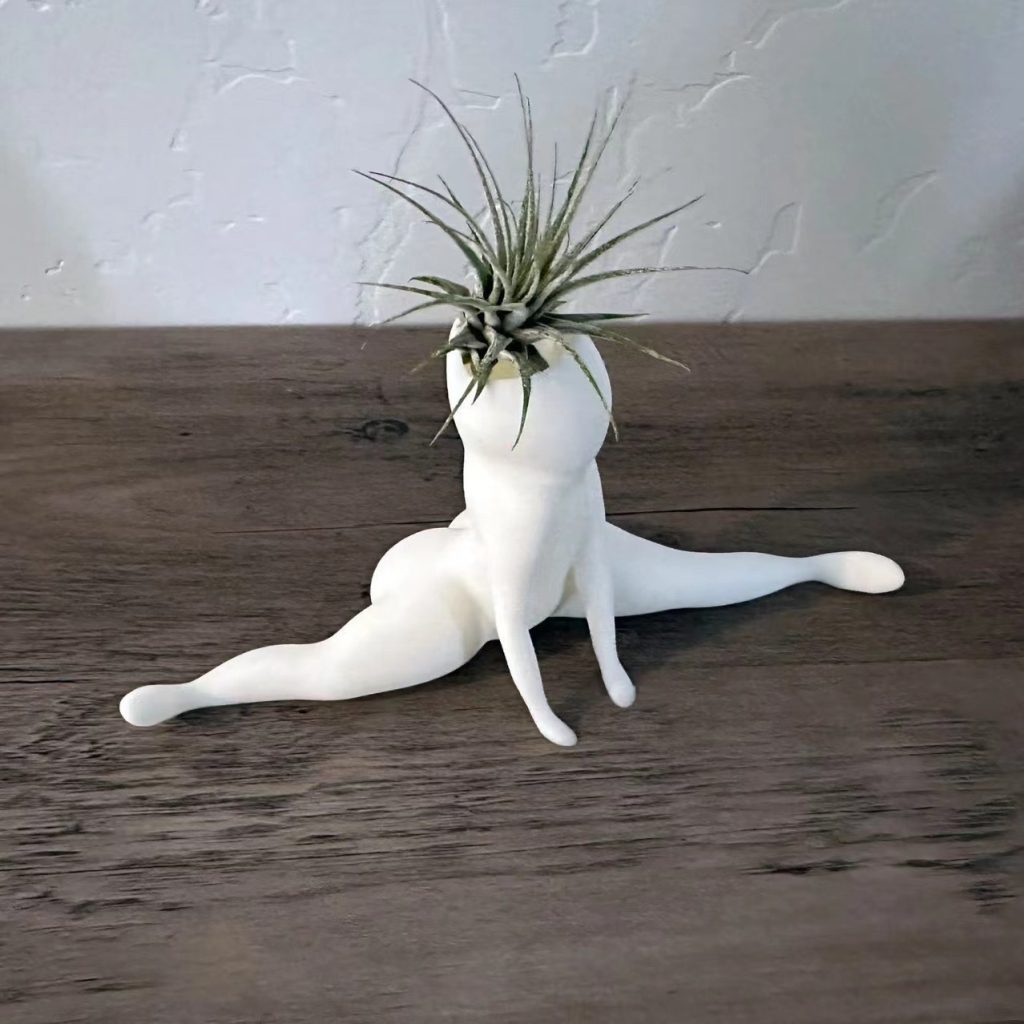 White split-pose planter holding a small plant, front view