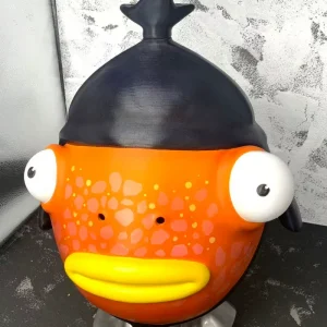 Fishstick orange fish-head mask with white eyes yellow lips and black cap