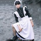 Men's-cut black maid dress with white apron and ruffled headpiece, front view