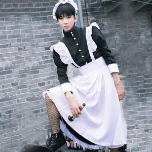 Men's-cut black maid dress with white apron and ruffled headpiece, front view
