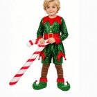 Green elf tunic pointed red hem, matching shorts and striped legwear