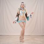 Firefly-inspired aqua and white swimsuit costume worn with detached sleeves
