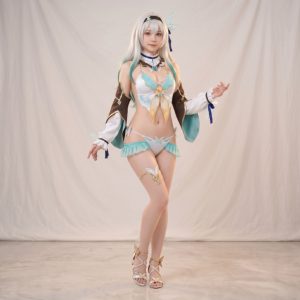 Firefly-inspired aqua and white swimsuit costume worn with detached sleeves