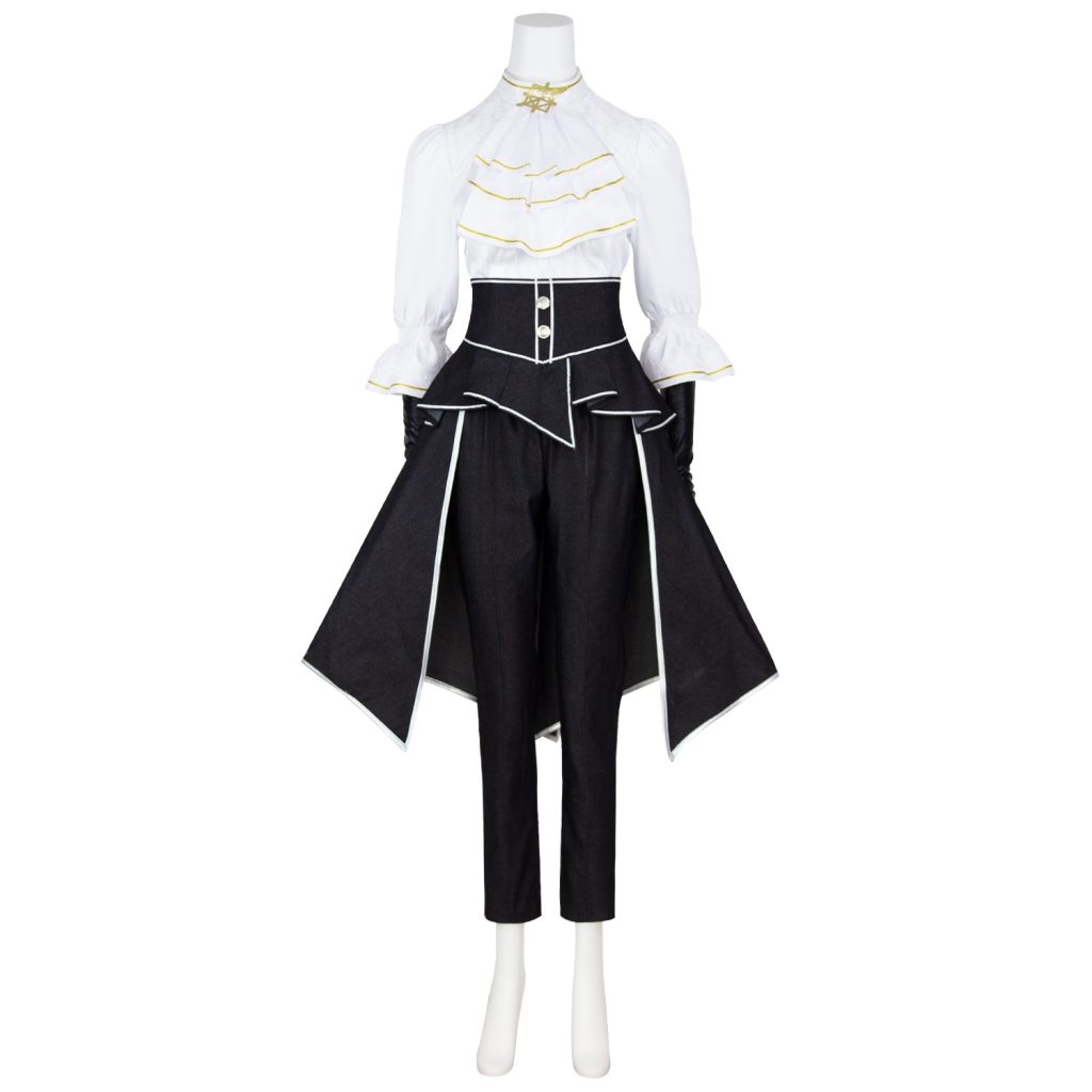 Maelle white ruffled blouse black waist panels trousers and gloves costume