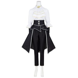 Maelle white ruffled blouse black waist panels trousers and gloves costume