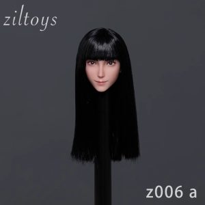 Ziltoys Z006 style A 1:6 head sculpt with long straight black hair and fringe, photographed on display support