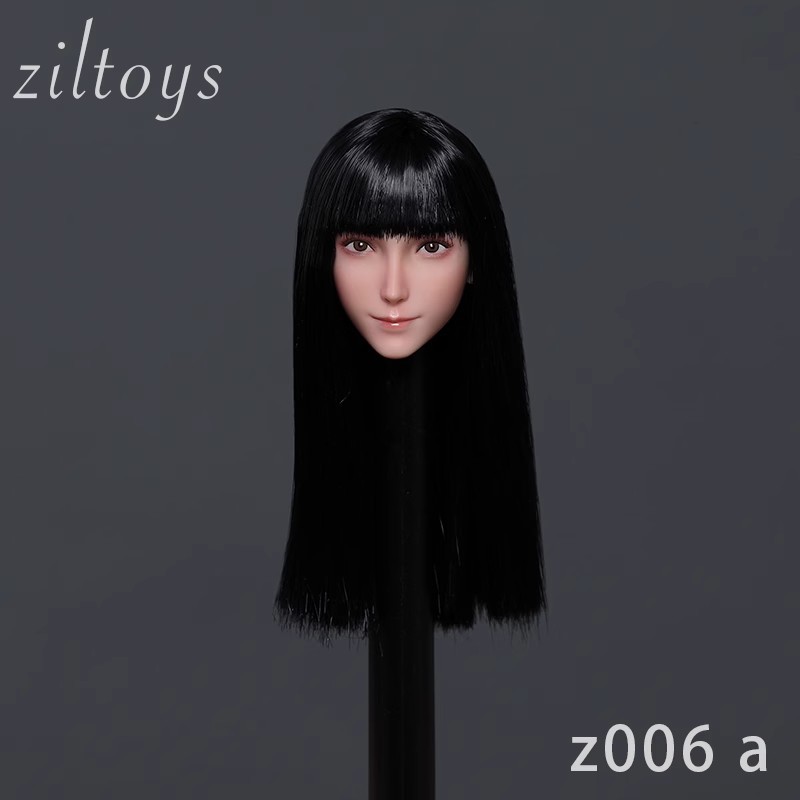 Ziltoys Z006 1:6 Figure Head Sculpt — Four Hair Styles 9 Ziltoys Z006 style A head sculpt with long straight black hair and fringe, on photographic display support