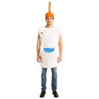 White toilet costume with blue bowl panel and orange plunger hat, front view
