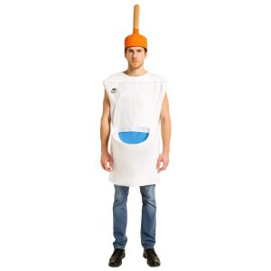 White toilet costume with blue bowl panel and orange plunger hat, front view