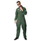 Front view of an adult model wearing an olive-green pilot jumpsuit with chest and sleeve patches