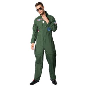 Front view of an adult model wearing an olive-green pilot jumpsuit with chest and sleeve patches