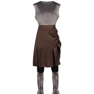 Odysseus gray tunic brown overskirt trousers and lace-up leg covers