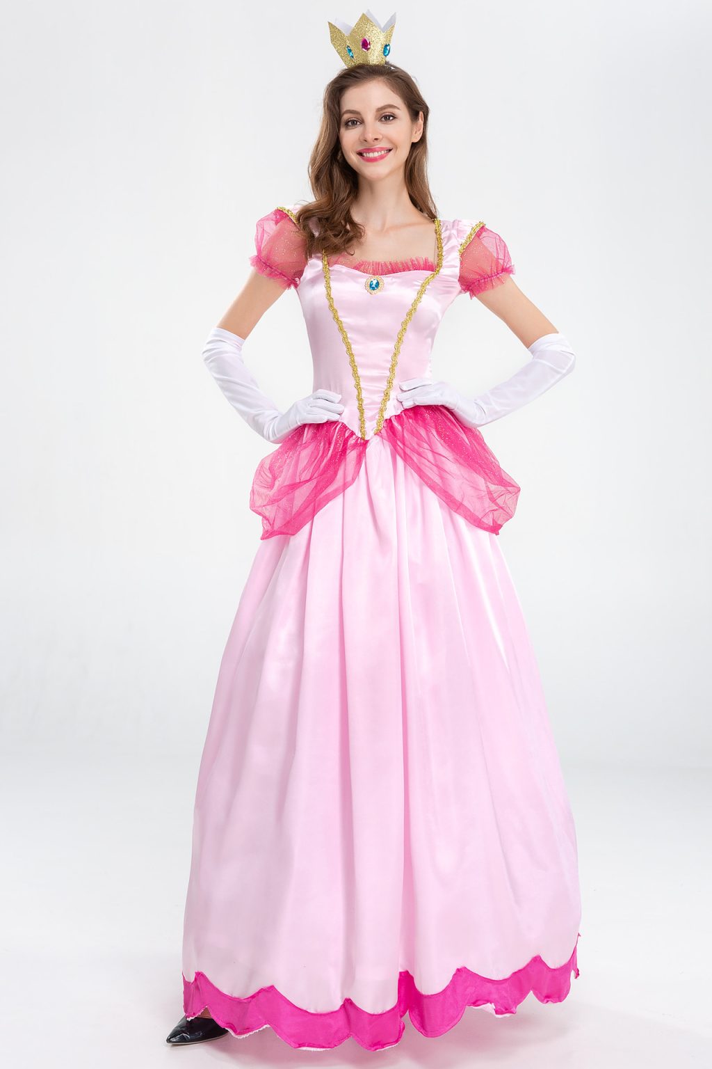 Princess Peach pink gown with crown and white gloves