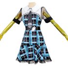 Frankie Stein blue plaid dress with white yoke and lightning belt, front view