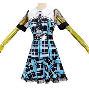 Frankie Stein blue plaid dress with white yoke and lightning belt, front view