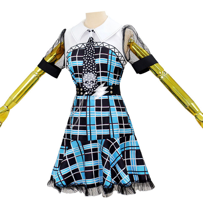 Frankie Stein blue plaid dress with white yoke and lightning belt, front view