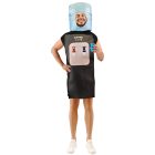 Adult water dispenser costume with blue bottle headpiece and black tap-front body