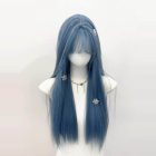 Straight denim blue wig with full bangs and long front sections on mannequin