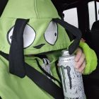 Close-up of the GIR hoodie face, white cartoon eyes and floppy black ears; gloves are styling only