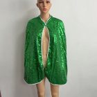 Green sequin cape front with contrast white edging and neck tie