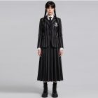 Wednesday-inspired striped school uniform with white shirt and necktie, front view
