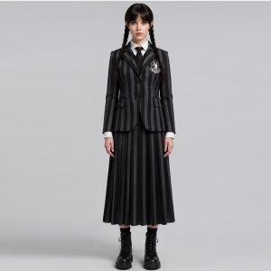 Wednesday-inspired striped school uniform with white shirt and necktie, front view