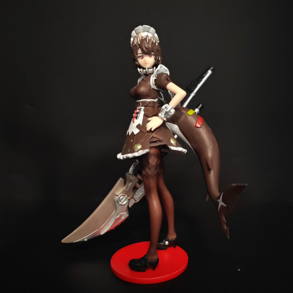 Ellen Joe display figurine with shark tail, maid dress and blade on a red stand