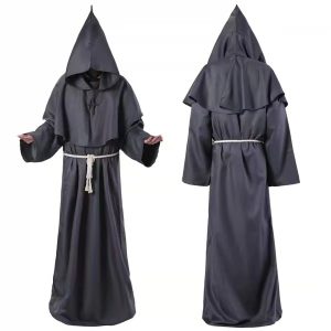 Charcoal hooded monk robe from the front and back