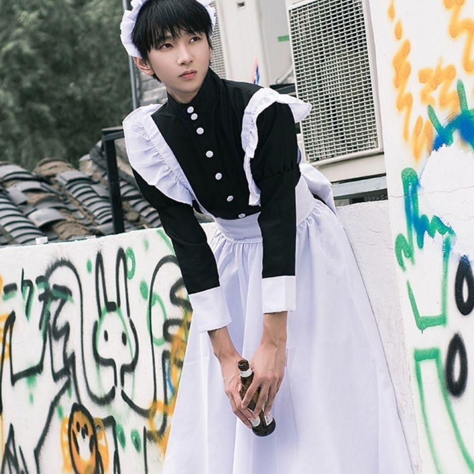 Black &Amp; White Maid Costume With Apron — Men'S Cut 8 Button-front collar, white cuffs and shoulder ruffles on black maid dress