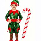 Elf hat, red collar and belt with green pointed tunic and striped legwear