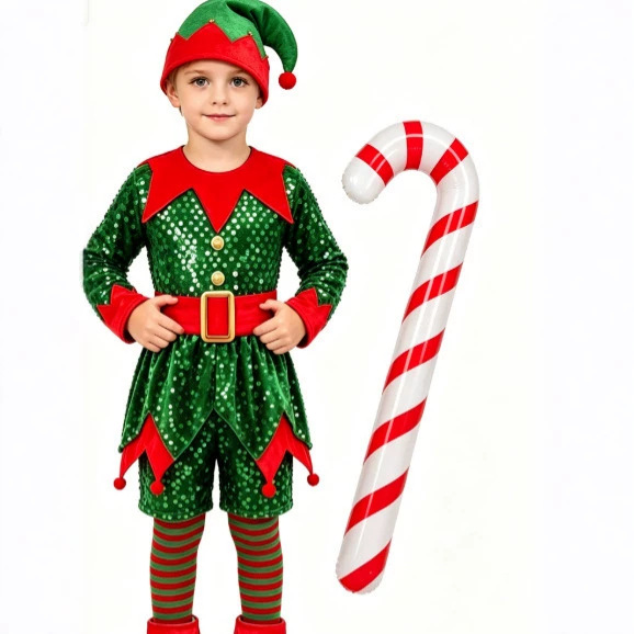 Elf hat, red collar and belt with green pointed tunic and striped legwear