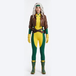 Rogue costume front with brown cropped jacket and green-and-yellow suit