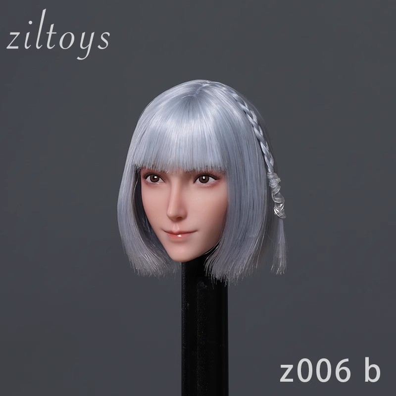 Ziltoys Z006 1:6 Figure Head Sculpt — Four Hair Styles 10 Ziltoys Z006 style B head sculpt with silver-gray bob, fringe and side braid, on photographic display support