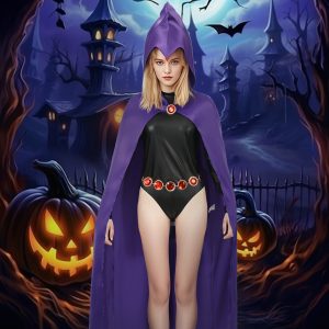 Raven-inspired purple hooded cape with red gemstone accents, front view