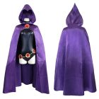 Raven purple hooded cape front and back views over costume