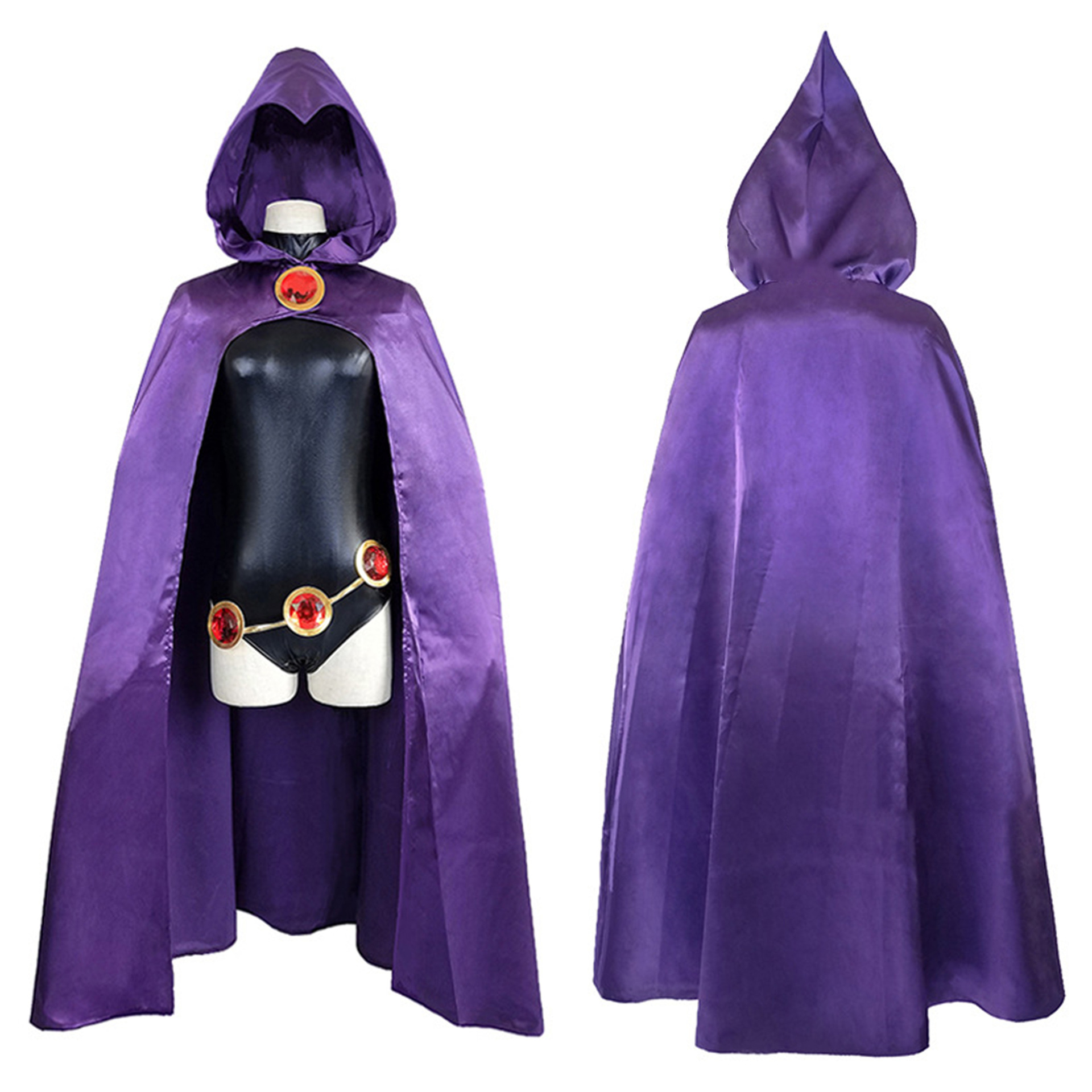 Raven purple hooded cape front and back views over costume